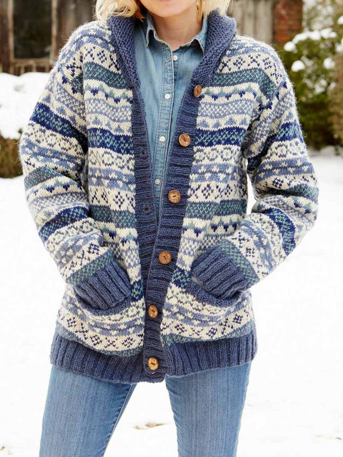 Women's Hand Knitted Shawl Collar Fair Isle Cardigan