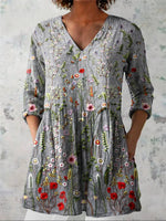 Women's Vintage Floral Art Print Casual V-Neck 3/4 Sleeve Shirt