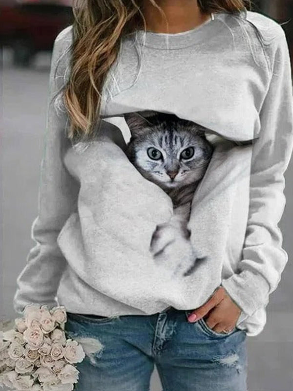 Gray Casual Graphic Tops Round Neck Long Sleeve Cat Printed Sweatshirt