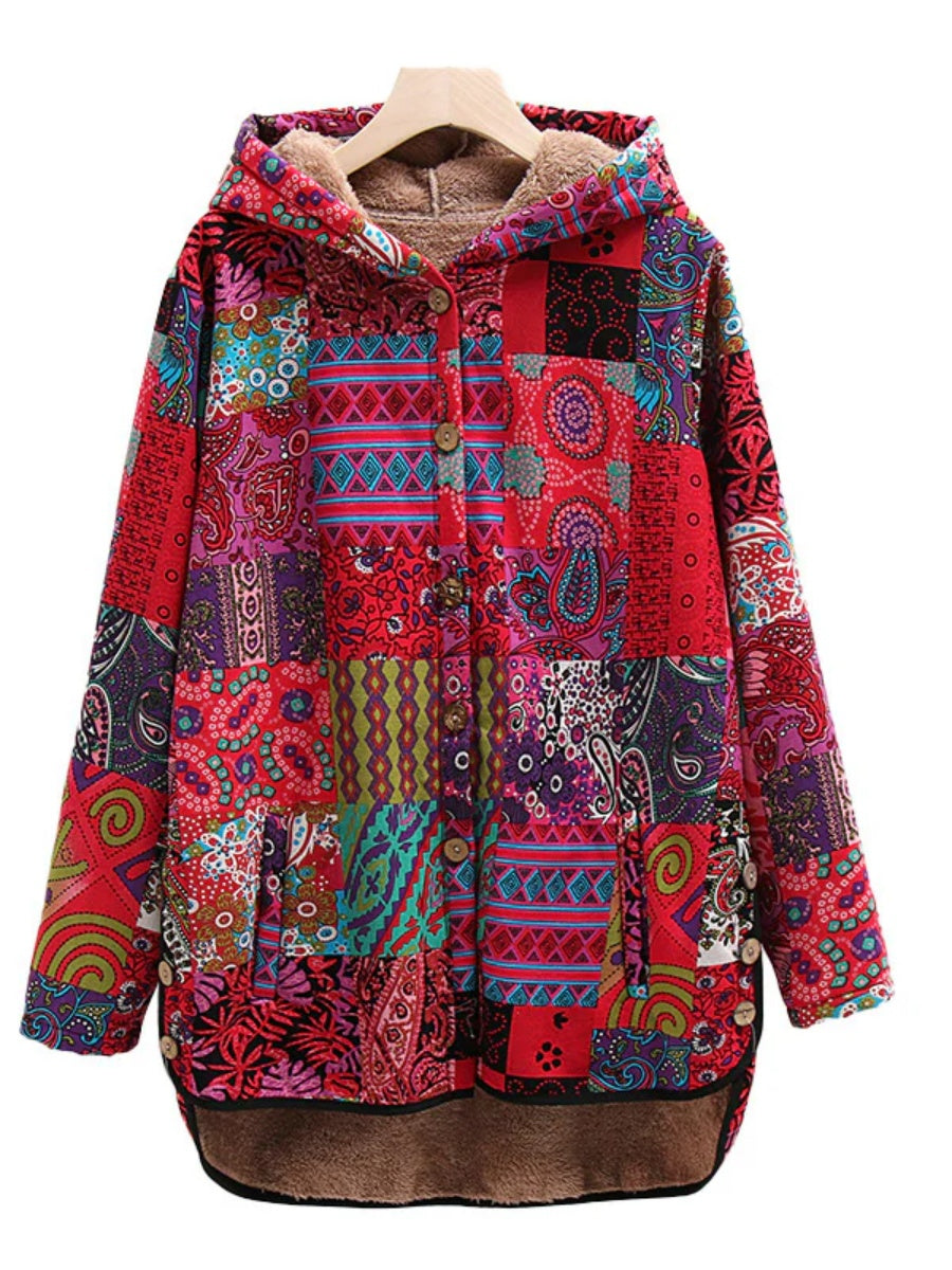 Bohemian Patchwork Button Up Hooded Jacket