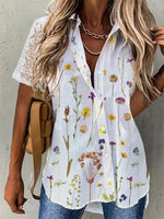 Women?ˉs Wildflower Print Button Front Shirt with Lace Short Sleeves