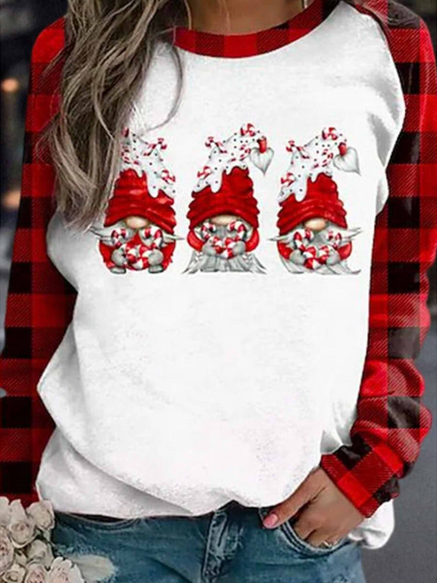 Christmas Gnomes Plaid Print Crew Neck Long Sleeve Sweatshirt
