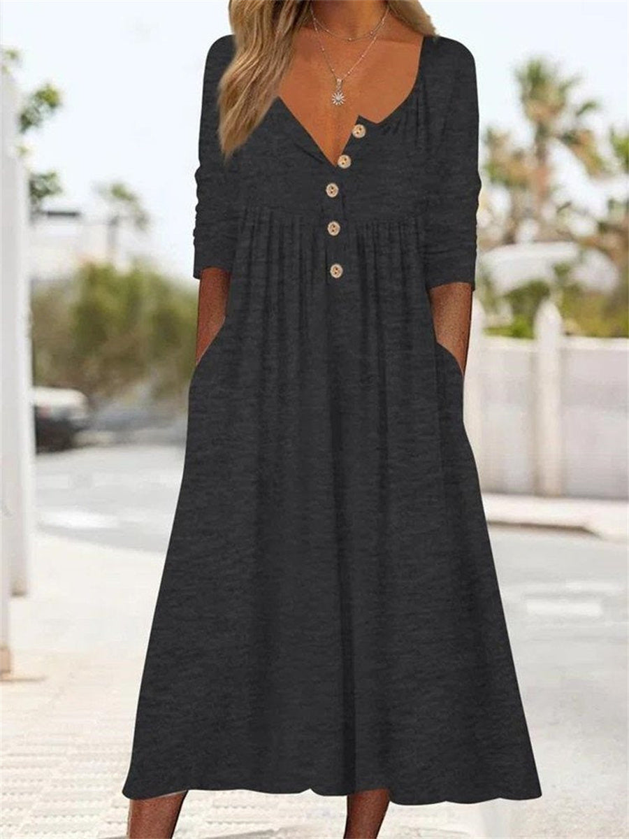 Plain Round Neck Long Sleeve Midi Dress