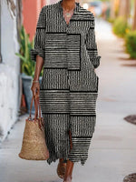 Casual Striped V-neck Long Sleeve Dress