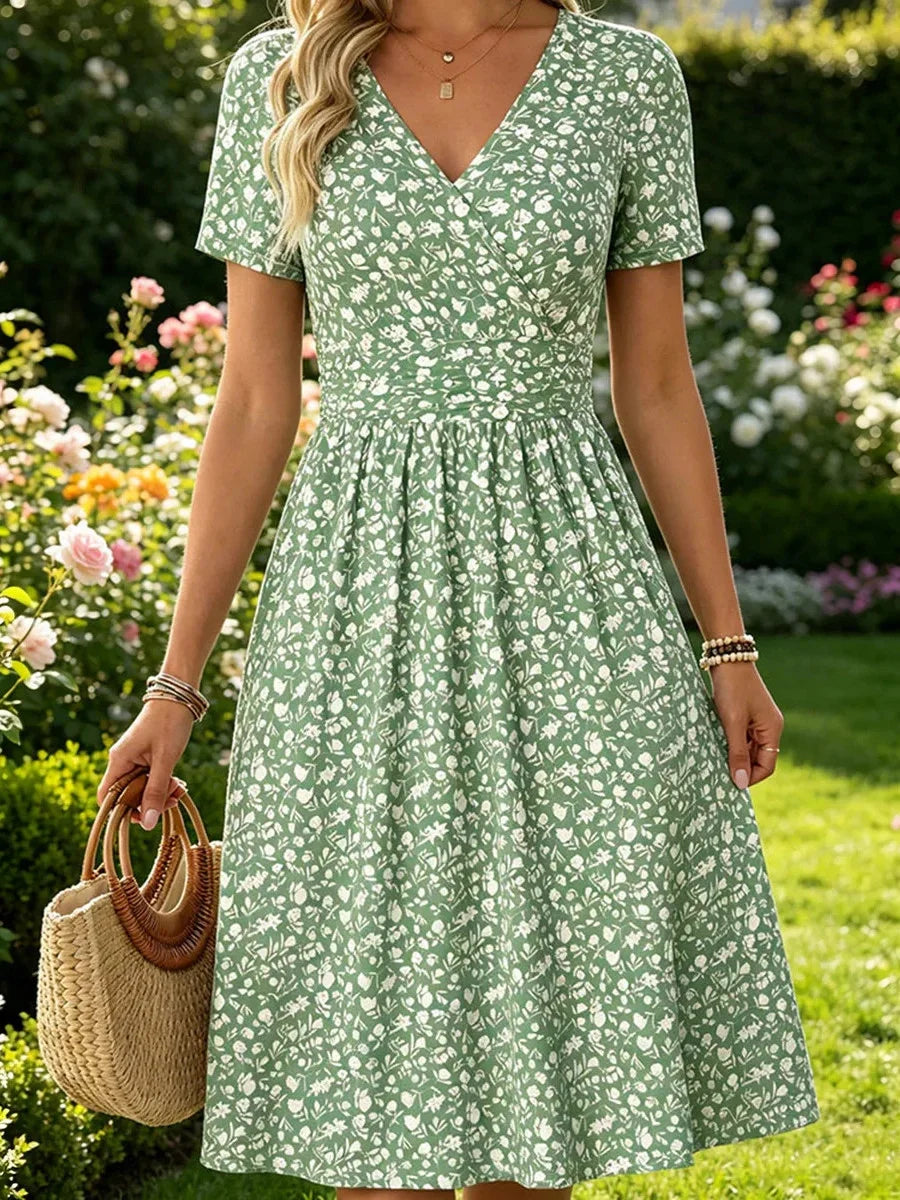 Green Ditsy Floral Wrap-Front V-neck Short Sleeve Midi Dress