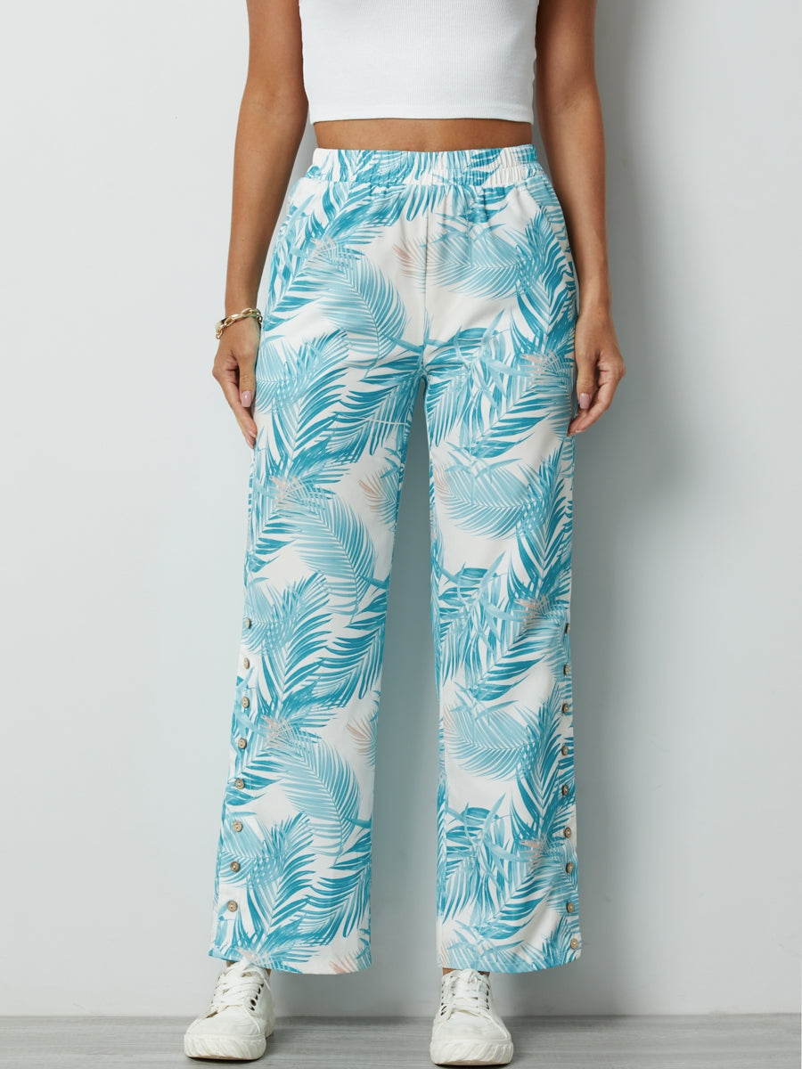 Aqua Palm Leaves Casual Pants with Buttons