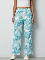 Aqua Palm Leaves Casual Pants with Buttons