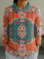 Women's Vintage Ethnic Geometric Symmetrical Painting Art Print Casual 3/4 Sleeve Sweater