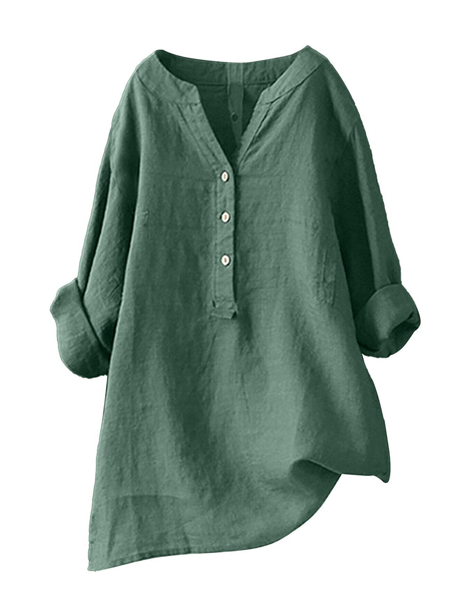 Standing Collar Solid Color Button Up Long Sleeve Top