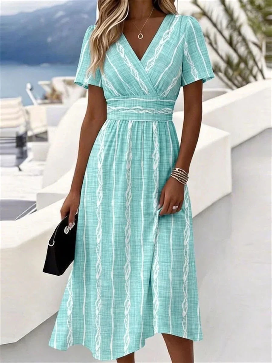 Women Striped Summer Dress V Neck Short Sleeve Fit Flare Dress H-Line Dress