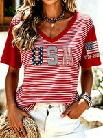 USA Flag Striped Print V-Neck Short Sleeve Tee