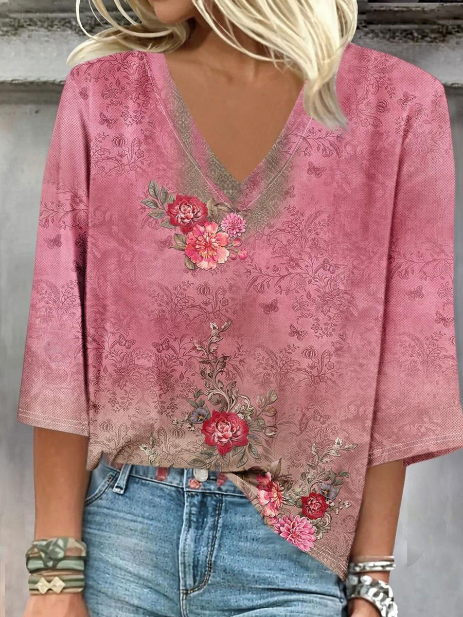 Pink Floral Print V-neck 3/4 Sleeve Top