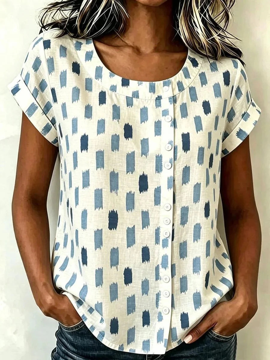 Blue Ikat Print Round Neck Roll-Tab Short Sleeve Top