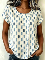 Blue Ikat Print Round Neck Roll-Tab Short Sleeve Top