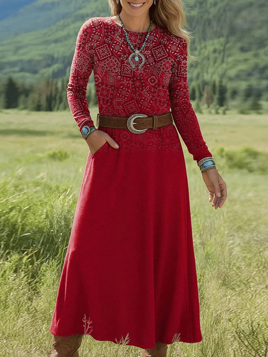 Red Round Neck Long Sleeve Midi Dress
