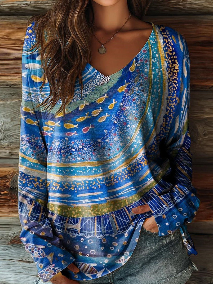 Fresh Blue V-neck Long Sleeve Top