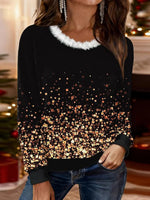 Stunning Glitter Print Faux Fur Trim Long Sleeve Top