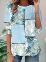 Casual Color Block Butterfly Print Blouse