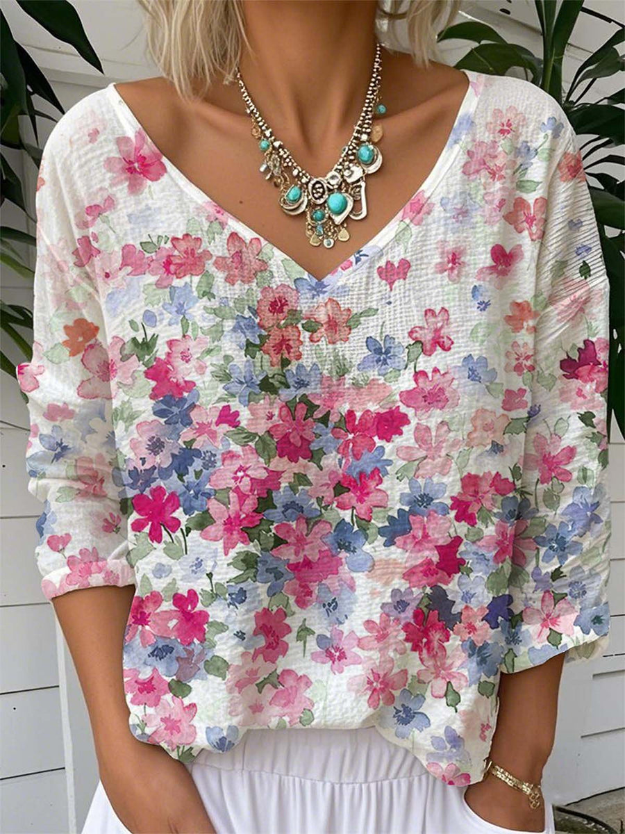 Vintage Floral Art Print V Neck Long Sleeve T-shirt