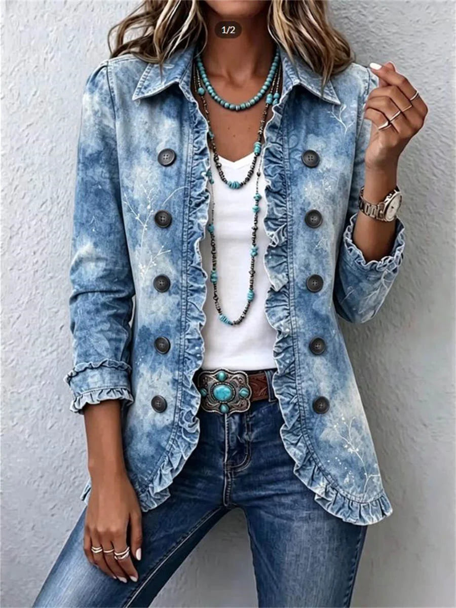Boho-Style Gradient Vintage Botanical Print Ruffle-Detail Long Sleeve Jacket