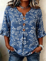 Vintage Floral Print V-neck 3/4 Sleeve Blouse