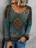 Green Casual Graphic Tops Round Neck Geometric Long Sleeve Sweatshirts