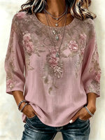 Round Neck 3/4 Sleeve 3D Printing Regular Loose Blouse