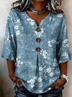 Distressed Blue Floral Notch Neck 3/4 Sleeve Wooden Button Ruffle Top