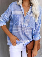 Blue Casual V Neck Stripe Long Sleeve Blouse