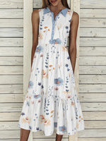 Women Sleeveless Lapel Floral Printed Graphic Button Pockets Maxi Dress