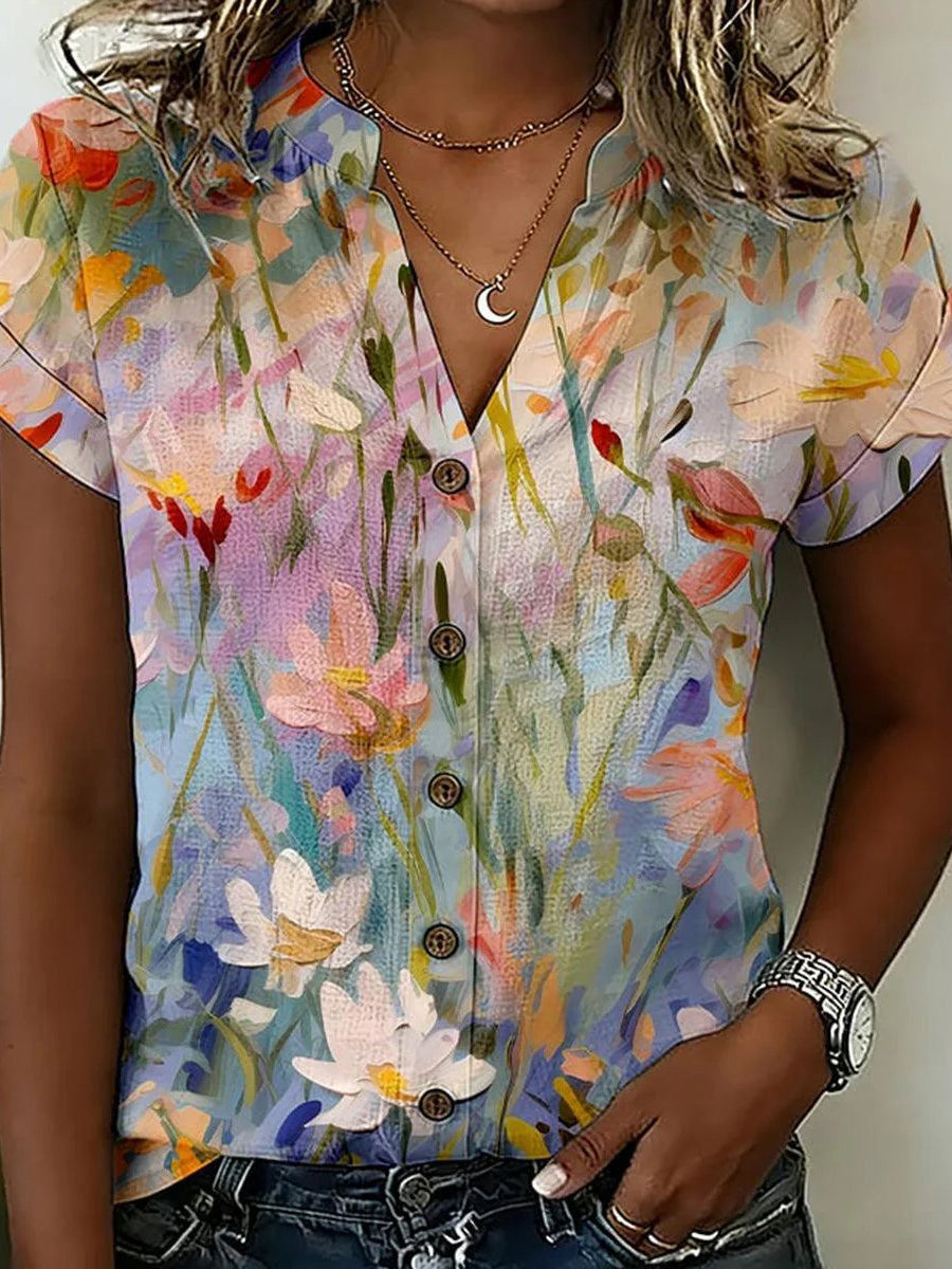 Chic Watercolor Floral Print V-neck Short Sleeve Top