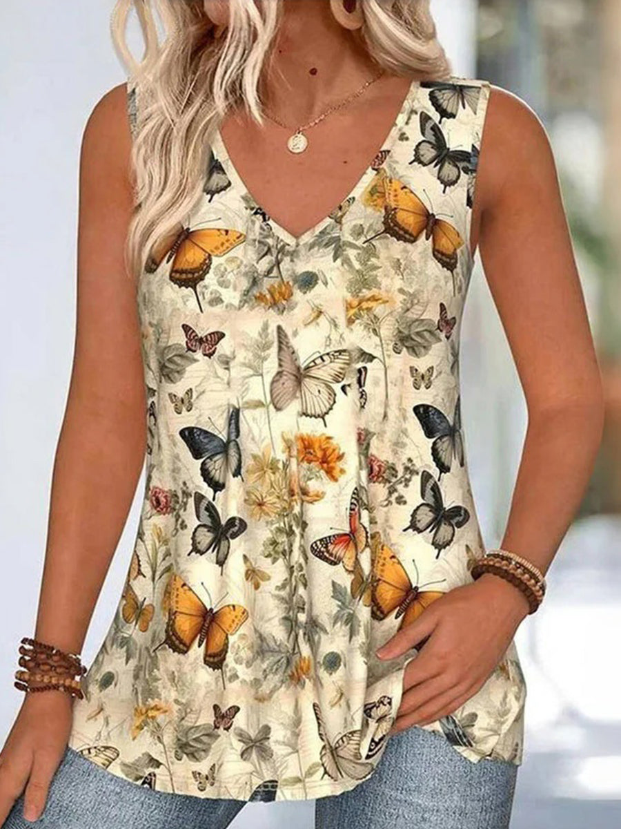 Butterfly Print V-neck Sleeveless Tank Top