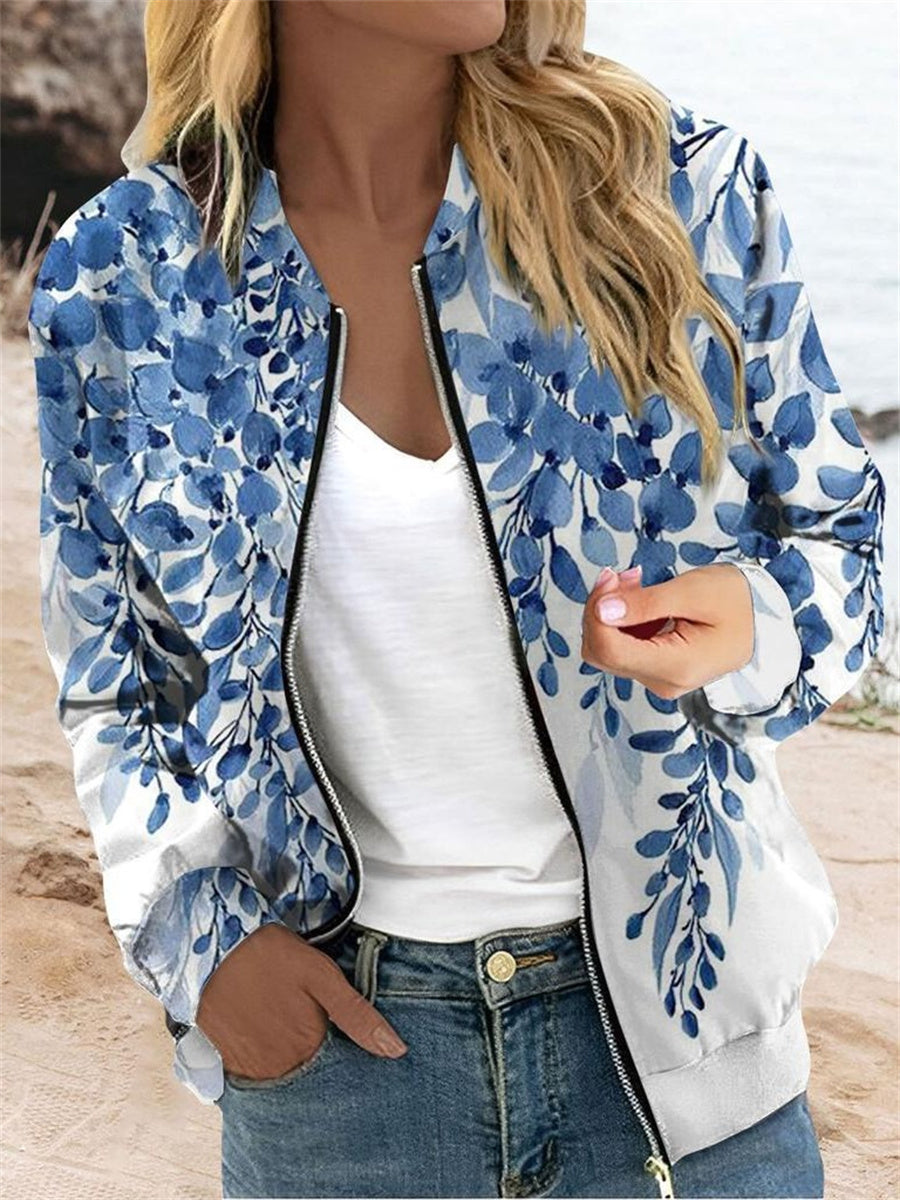 Blue Abstract Zipper Regular Loose Jacket