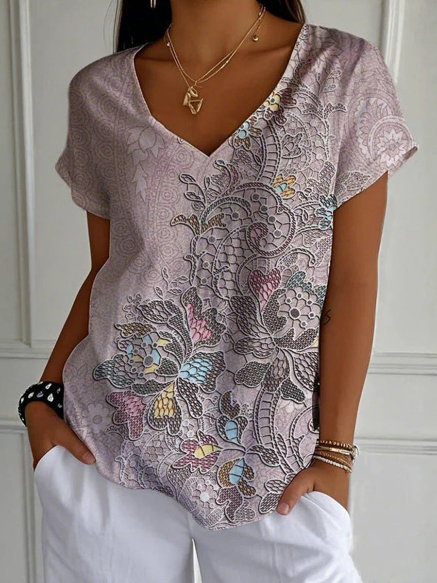Vintage Floral Print V-neck Short Sleeve T-Shirt