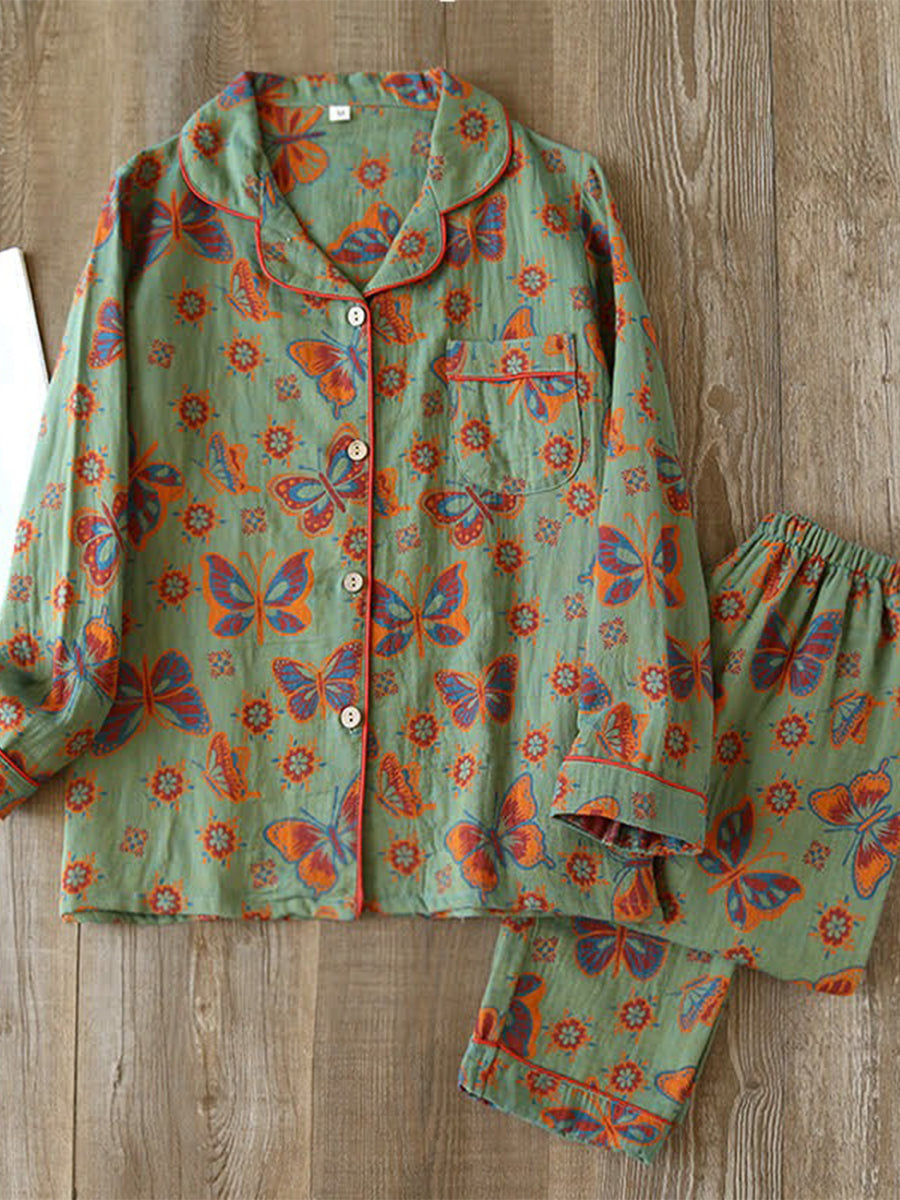Vintage Butterfly Print Cotton Loungewear Set