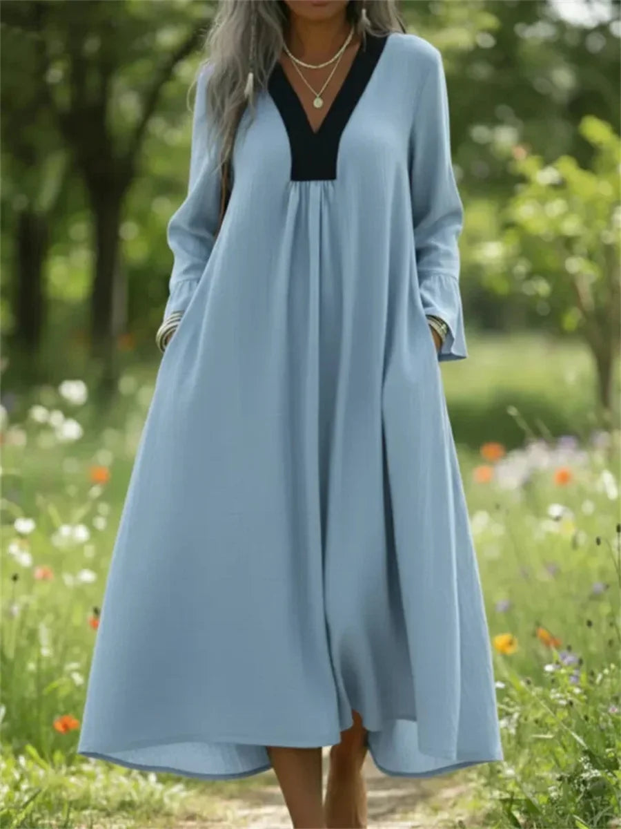 Retro Cozy Color-blocked V-neck Long Sleeve Dress