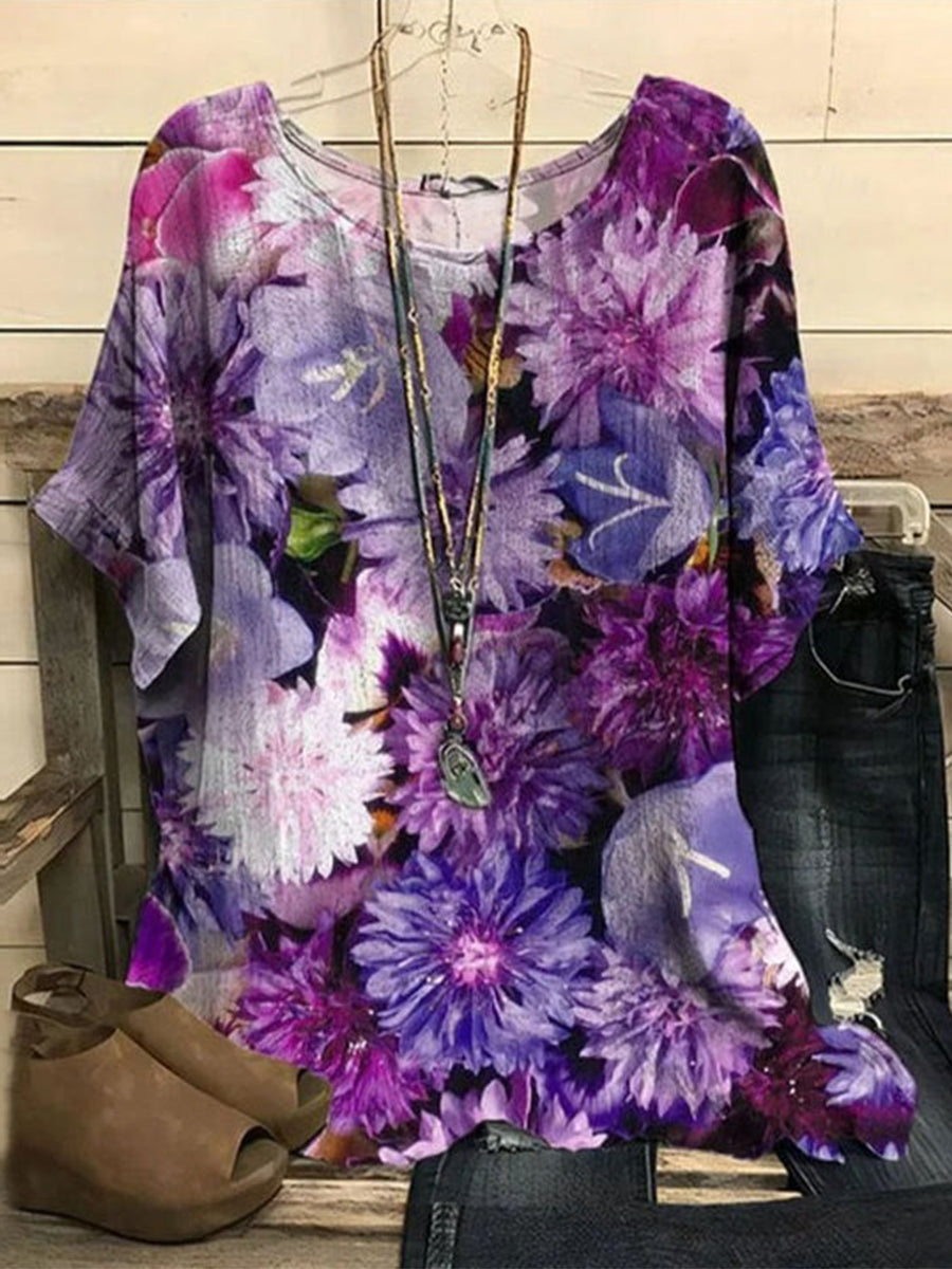 Vintage Floral Print Short Sleeve Blouse