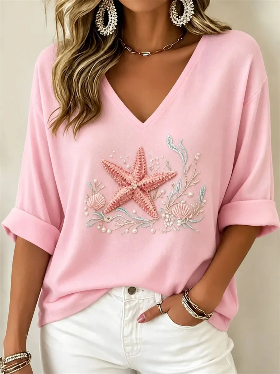 Vintage Shell V Neck 3/4 Sleeve T-shirt