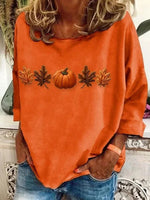 Casual Halloween Pumpkin Maple Leaf Print Round Neck Long Sleeve T-shirt