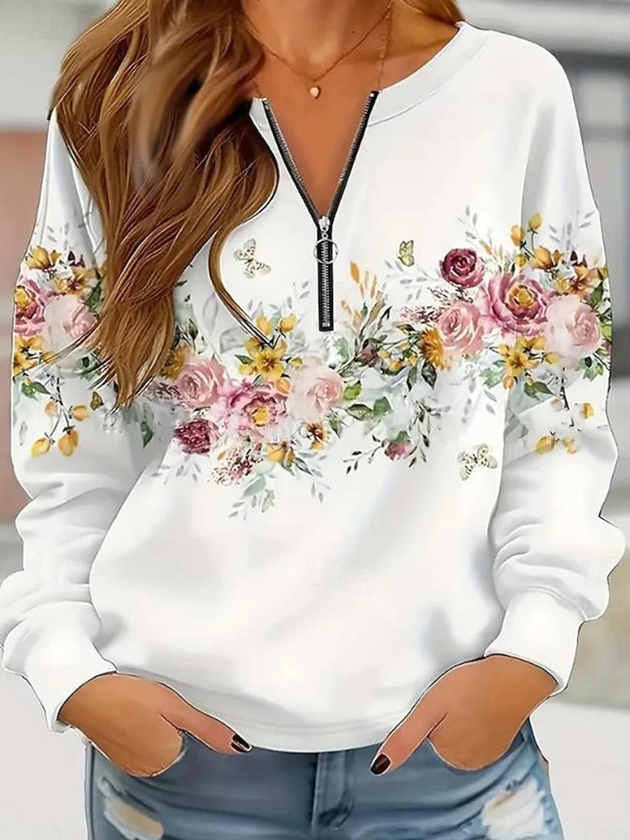 White Casual Zip V Neck Long Sleeve Sweatshirt