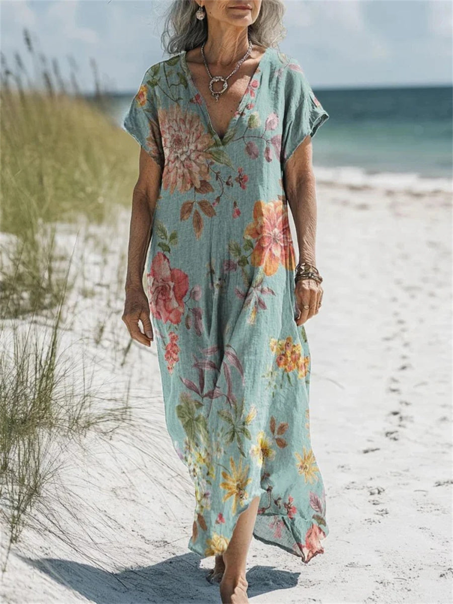 Women's Vintage Lovely V-neck Short Sleeve Floral Art Print Dress