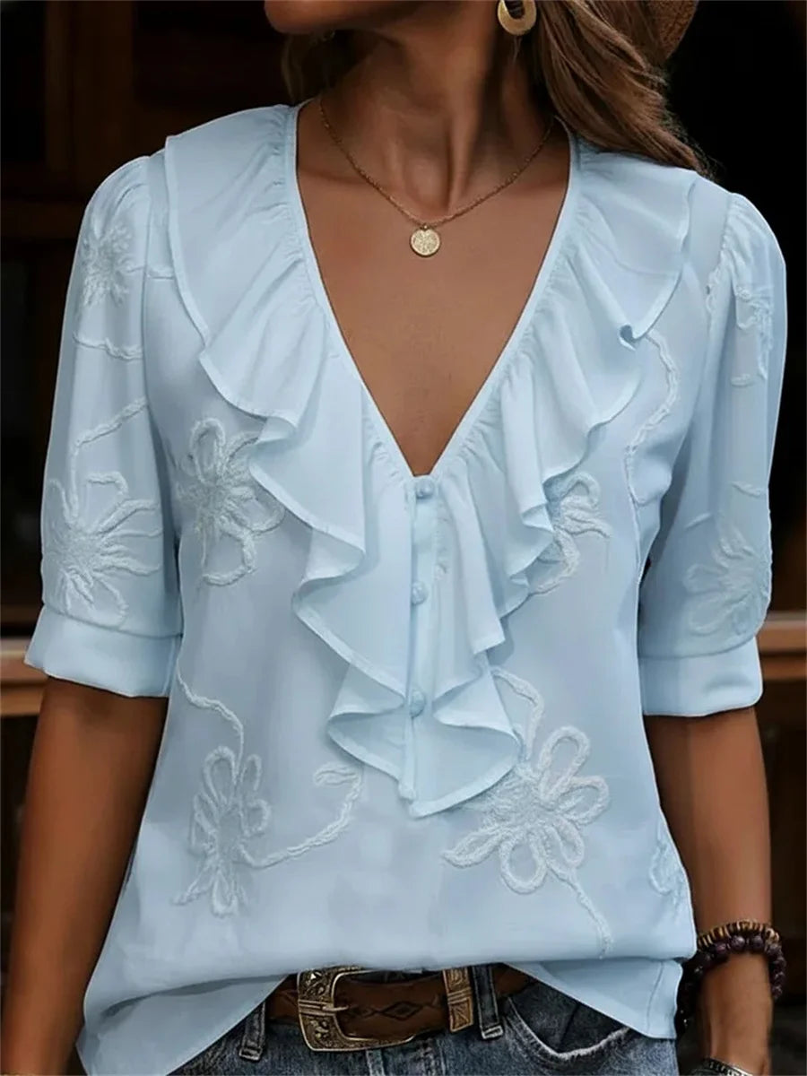 Elegant Ruffled V-neck Floral Printed Short Sleeve Shirt