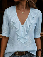 Elegant Ruffled V-neck Floral Printed Short Sleeve Shirt