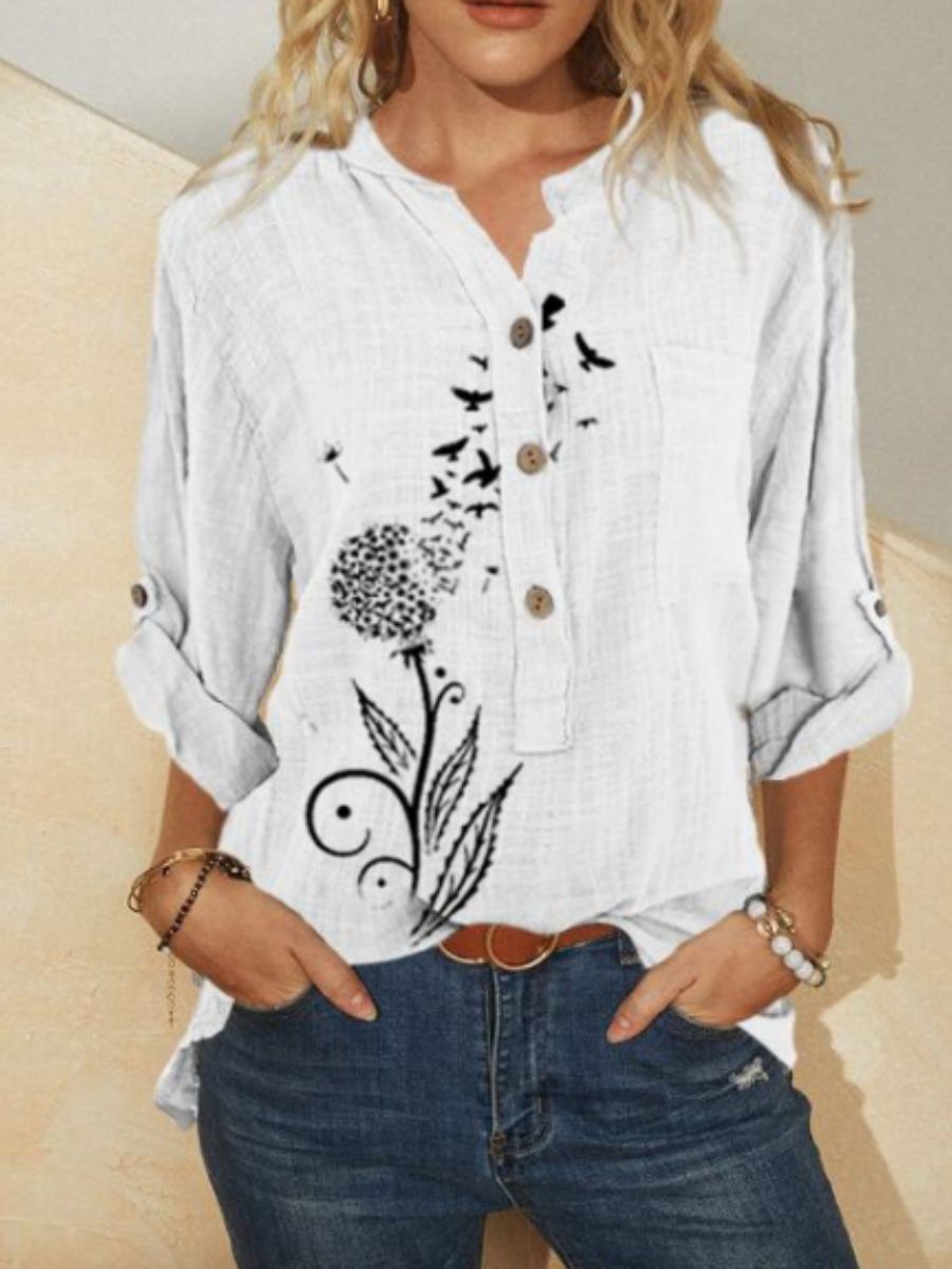 White Casual V Neck Printed Long Sleeve Blouse