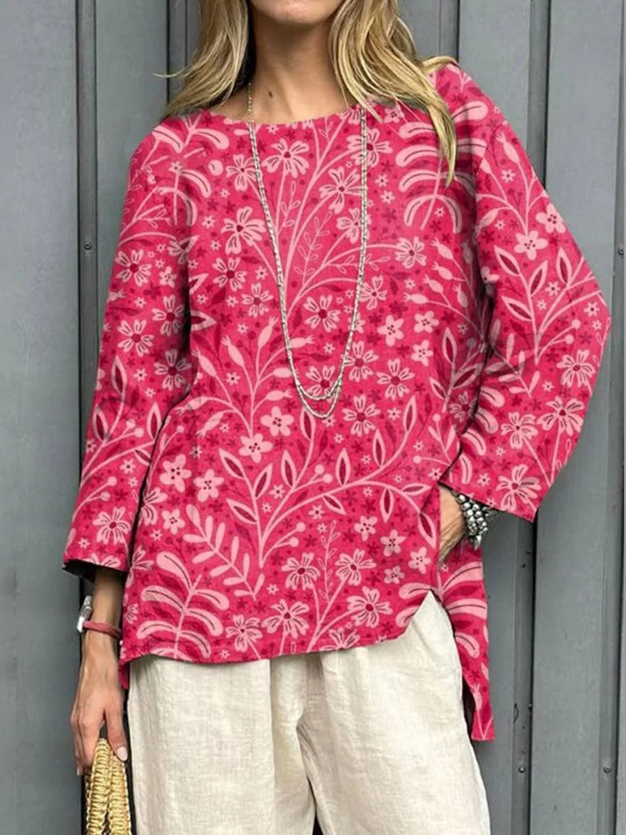 Pink Floral Print Long Sleeve Top