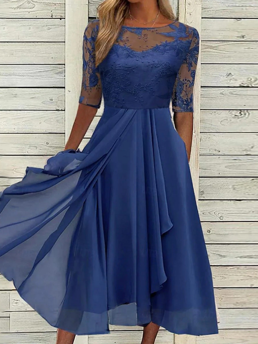 Blue Round Neck Half Sleeve Plain Midi Dress