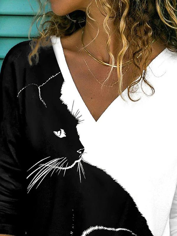 Black-white Casual Graphic Tops V-neck Long Sleeve Black Cat Printed Blouse