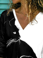 Black-white Casual Graphic Tops V-neck Long Sleeve Black Cat Printed Blouse