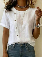 White Round Neck Button-Detail Short Sleeve Top