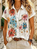 Vintage Daisy Floral Collared Cuffed Short Sleeve Shirt